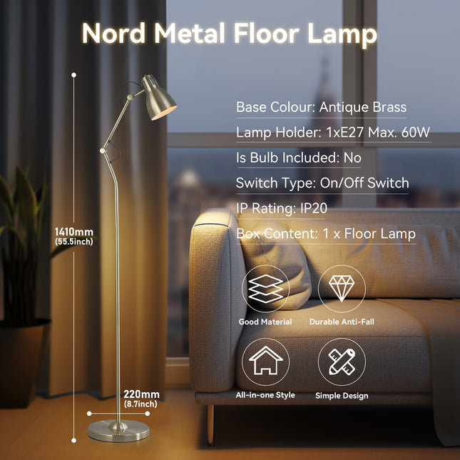 Nord Metal Floor Lamp White Satin Chrome Antique Brass Modern Lighting