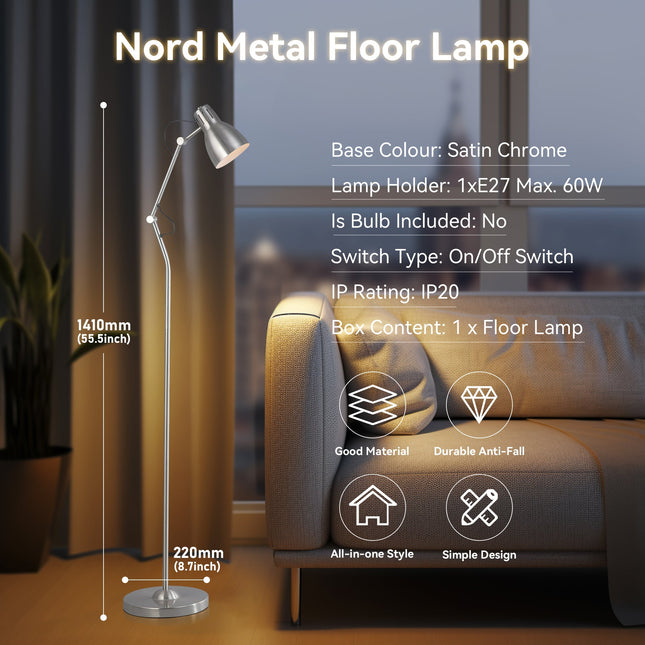 Nord Metal Floor Lamp White Satin Chrome Antique Brass Modern Lighting.