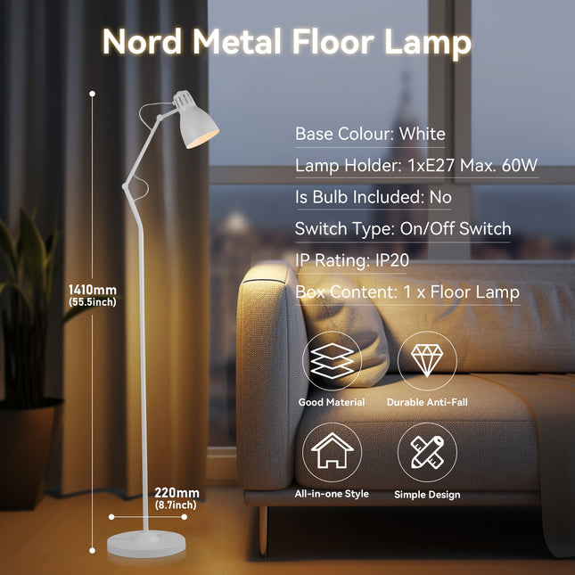Nord Metal Floor Lamp White Satin Chrome Antique Brass Modern Lighting.