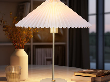 Peck Pleated Table Lamp with White Shade and Gold Finish.