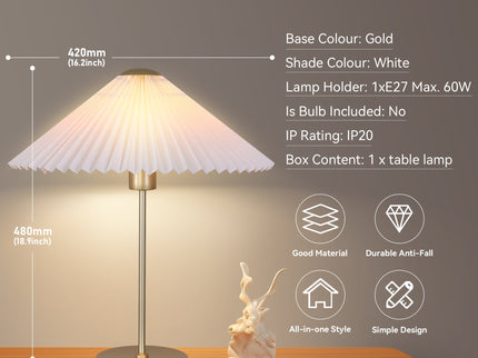 Peck Pleated Table Lamp with White Shade and Gold Finish.