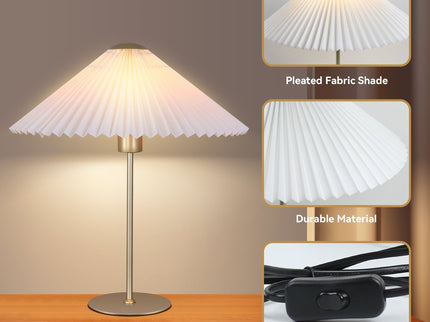 Peck Pleated Table Lamp with White Shade and Gold Finish.