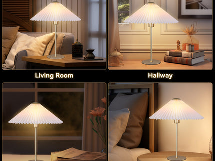 Peck Pleated Table Lamp with White Shade and Gold Finish.