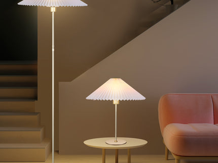 Peck Pleated Table Lamp with White Shade and Gold Finish.