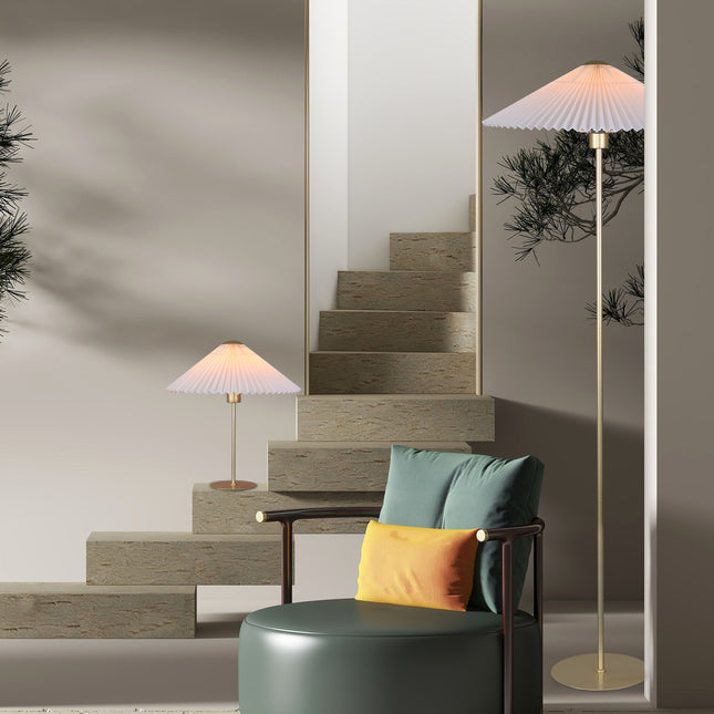 Peck Pleated Floor Lamp with White Shade and Gold Base.