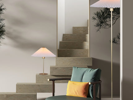 Peck Pleated Table Lamp with White Shade and Gold Finish.
