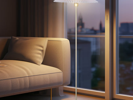 Peck Pleated Floor Lamp with White Shade and Gold Base.