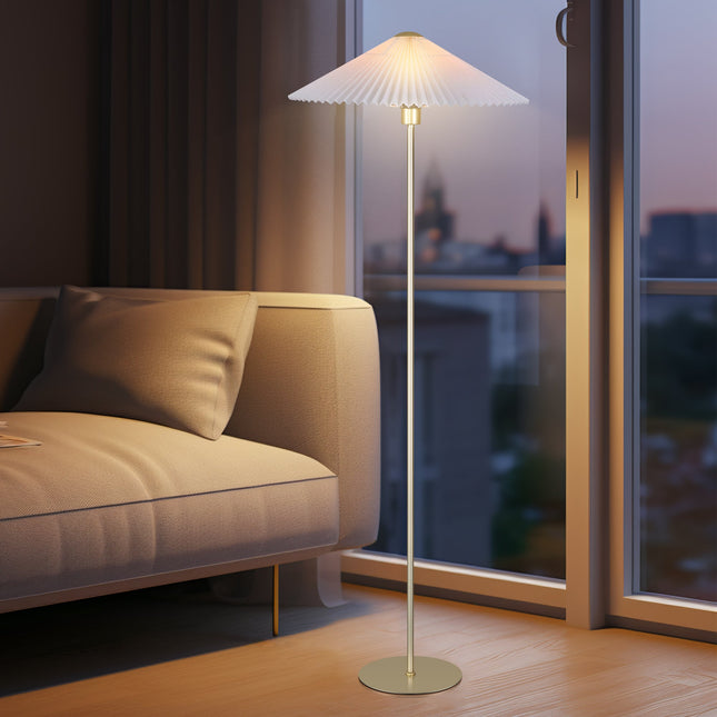 Peck Pleated Floor Lamp with White Shade and Gold Base.