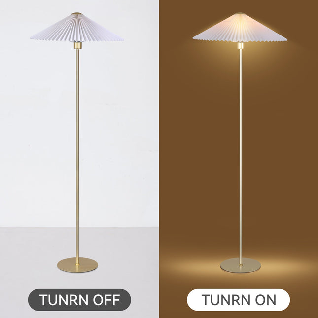 Peck Pleated Floor Lamp with White Shade and Gold Base.