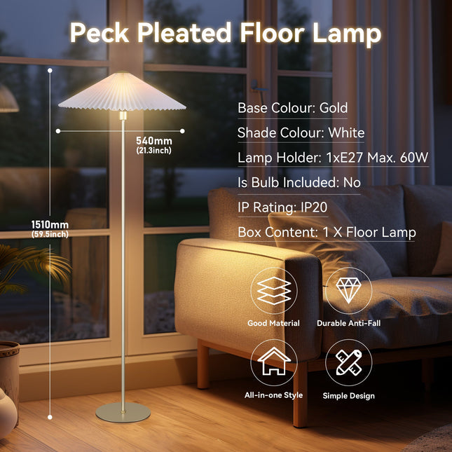 Peck Pleated Floor Lamp with White Shade and Gold Base.