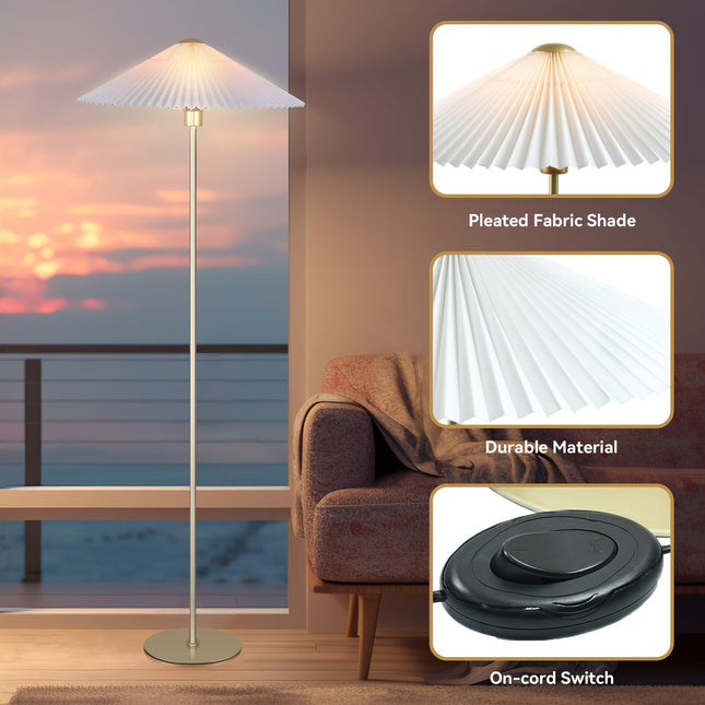 Peck Pleated Floor Lamp with White Shade and Gold Base.