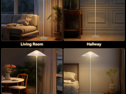 Peck Pleated Floor Lamp with White Shade and Gold Base.