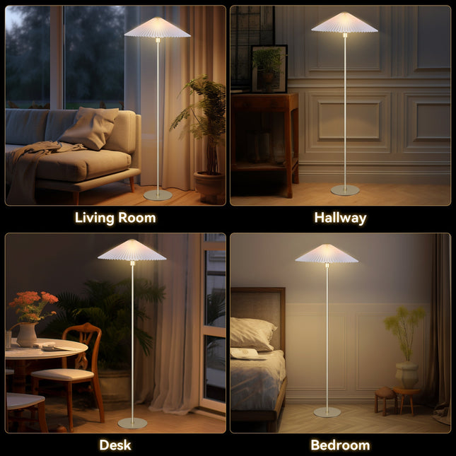 Peck Pleated Floor Lamp with White Shade and Gold Base.