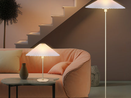 Peck Pleated Floor Lamp with White Shade and Gold Base.