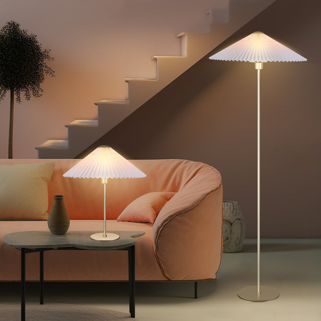 Peck Pleated Floor Lamp with White Shade and Gold Base.