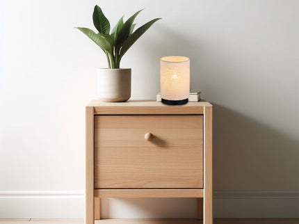 Linea Table Lamp with Fabric Linen Shade and Black Iron Base.