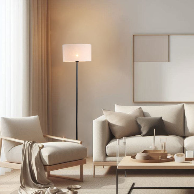 Linea Floor Lamp with Fabric Linen Shade and Iron Base.