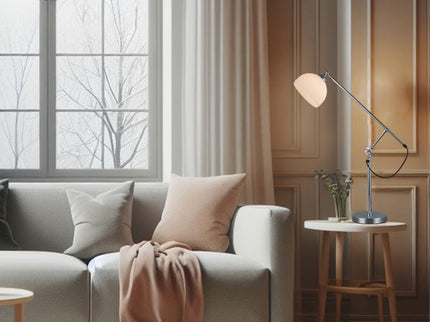 Noemi Table Lamp with Chrome Base and Glass Shade for Indoor Use.