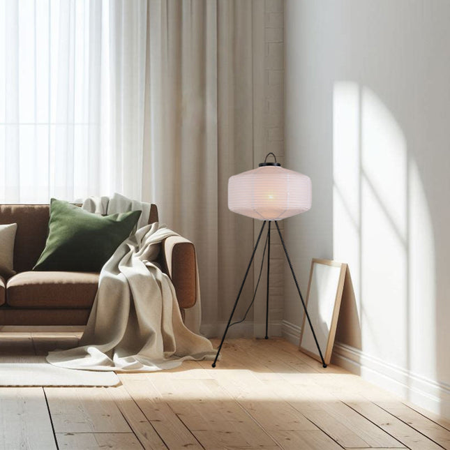 Seren Tripod Floor Lamp with White Paper Shade for Living Room.