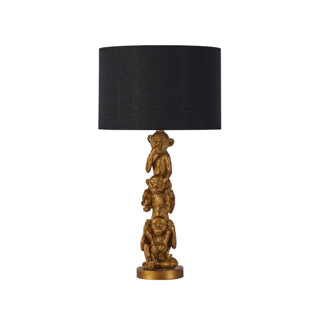 Sage Three Wise Monkey Table Lamp with Black Cloth Shade.