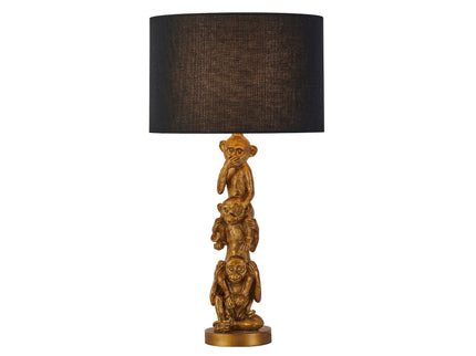 Sage Three Wise Monkey Table Lamp with Black Cloth Shade.