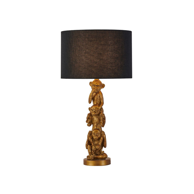 Sage Three Wise Monkey Table Lamp with Black Cloth Shade.