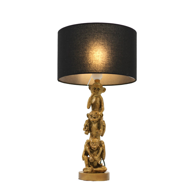 Sage Three Wise Monkey Table Lamp with Black Cloth Shade.