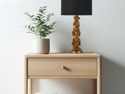 Sage Three Wise Monkey Table Lamp with Black Cloth Shade.