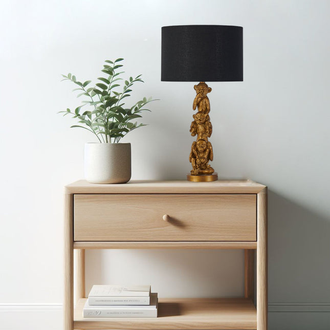 Sage Three Wise Monkey Table Lamp with Black Cloth Shade.