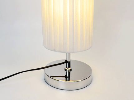 Eclara Floor Lamp with White Fabric Shade and Chrome Base.