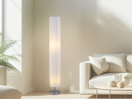 Eclara Floor Lamp with White Fabric Shade and Chrome Base.