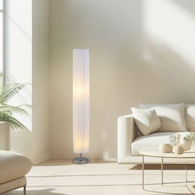 Eclara Floor Lamp with White Fabric Shade and Chrome Base.