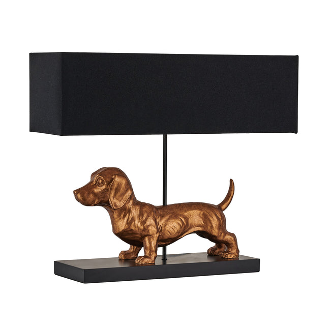 Dachshund Elegance Table Lamp Gold with Black Fabric Shade.
