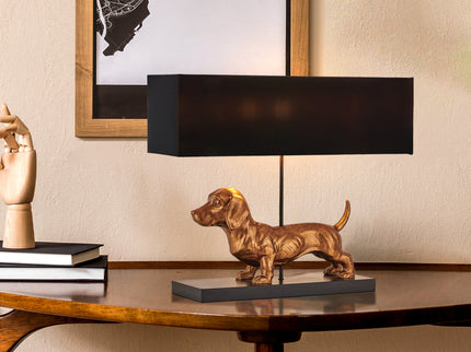 Dachshund Elegance Table Lamp Gold with Black Fabric Shade.