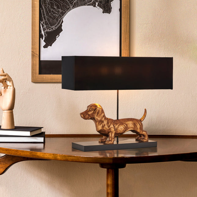 Dachshund Elegance Table Lamp Gold with Black Fabric Shade.