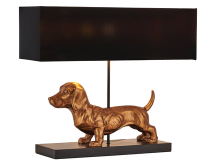 Dachshund Elegance Table Lamp Gold with Black Fabric Shade.