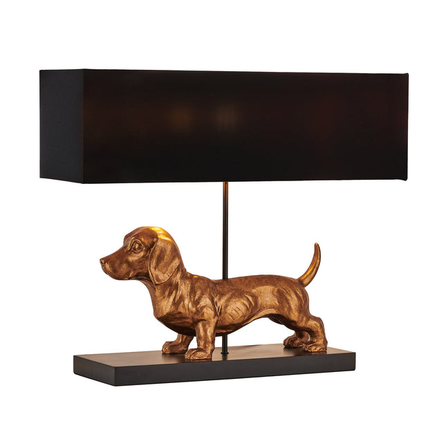 Dachshund Elegance Table Lamp Gold with Black Fabric Shade.