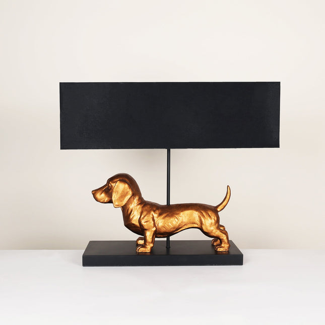 Dachshund Elegance Table Lamp Gold with Black Fabric Shade.
