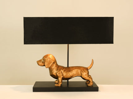 Dachshund Elegance Table Lamp Gold with Black Fabric Shade.