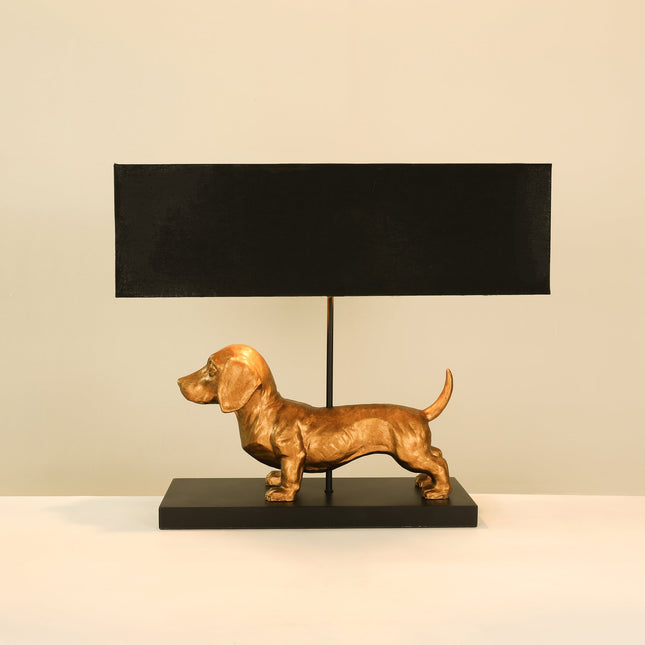 Dachshund Elegance Table Lamp Gold with Black Fabric Shade.