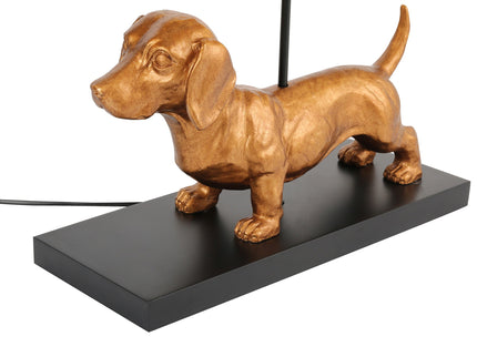 Dachshund Elegance Table Lamp Gold with Black Fabric Shade.