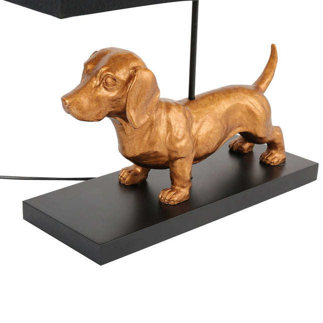 Dachshund Elegance Table Lamp Gold with Black Fabric Shade.