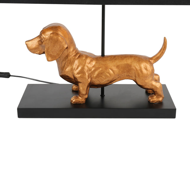 Dachshund Elegance Table Lamp Gold with Black Fabric Shade.