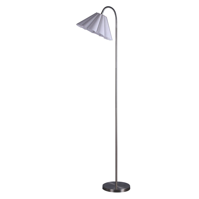 Eleanor Floor Lamp with Satin Nickel Finish and White Pleated Shade.