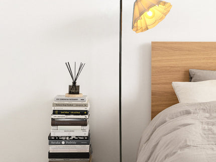 Eleanor Floor Lamp with Satin Nickel Finish and White Pleated Shade.