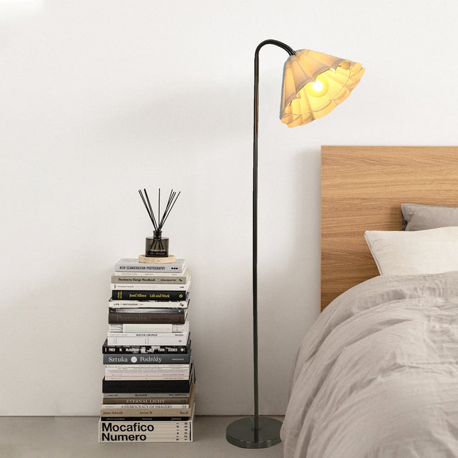 Eleanor Floor Lamp with Satin Nickel Finish and White Pleated Shade.