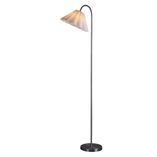 Eleanor Floor Lamp with Satin Nickel Finish and White Pleated Shade.