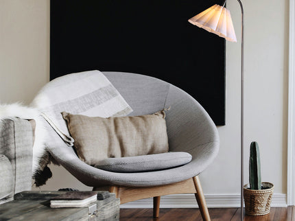 Eleanor Floor Lamp with Satin Nickel Finish and White Pleated Shade.