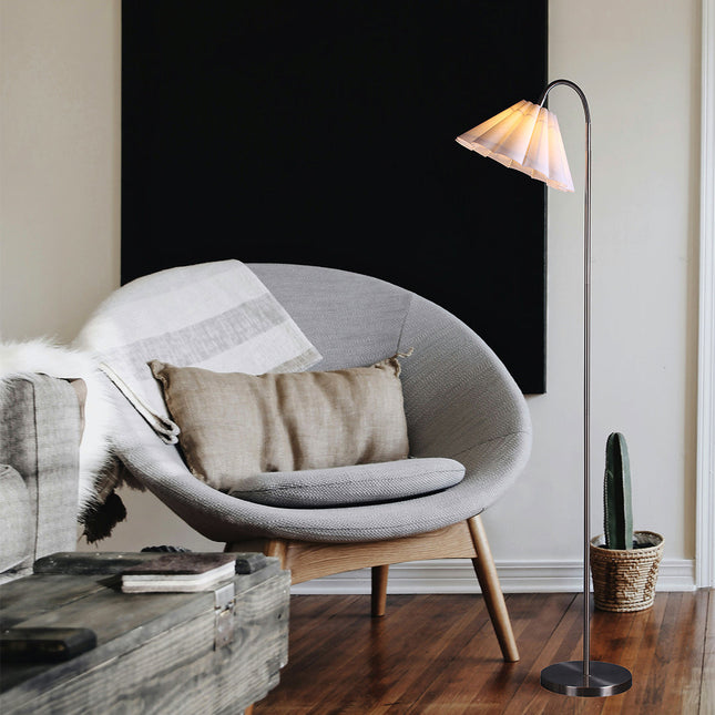 Eleanor Floor Lamp with Satin Nickel Finish and White Pleated Shade.