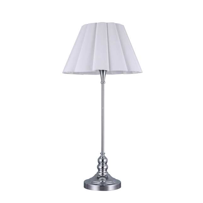 Giselle Table Lamp with Chrome Base and White Linen Shade.